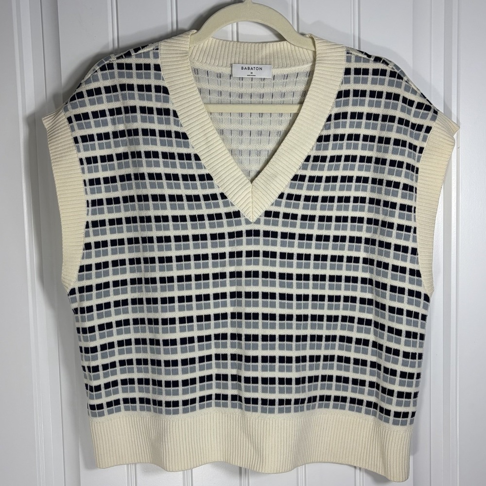 Babaton Aritzia Women's M Cream Black Gray Geometric V-Neck Sweater Vest